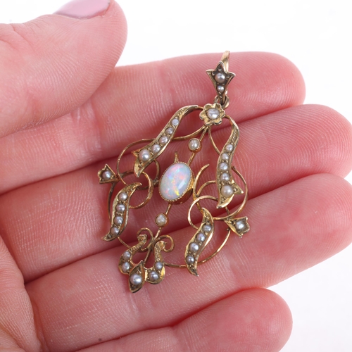 1103 - An Art Nouveau Edwardian 9ct gold opal and pearl openwork pendant, maker G&W, 43.8mm, 2.8g