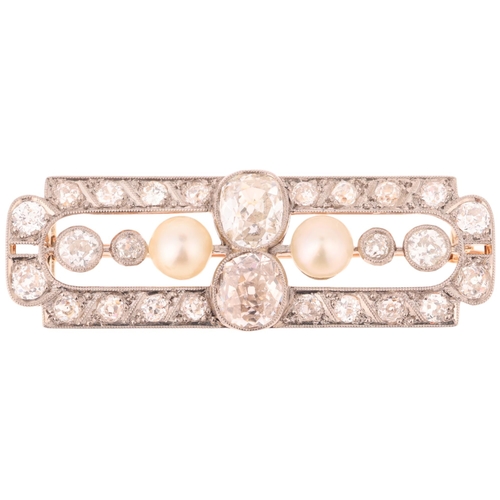 1104 - A Belle Epoque Edwardian natural pearl and diamond brooch, set with 5.5mm and 5.3mm button pearls se... 