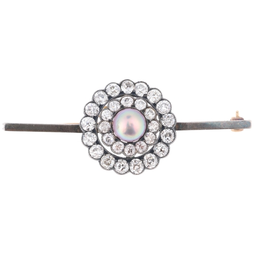 1108 - An Antique pink pearl and diamond target cluster bar brooch, set with 7.3mm pink button pearl, surro... 