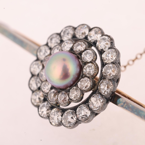 1108 - An Antique pink pearl and diamond target cluster bar brooch, set with 7.3mm pink button pearl, surro... 