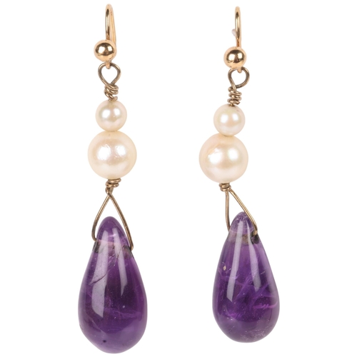 1111 - A pair of 9ct gold amethyst and pearl drop earrings, set with pear drop amethysts suspended from wir... 