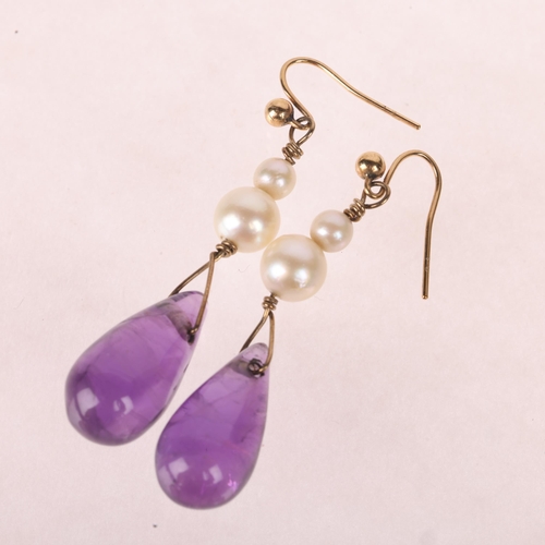 1111 - A pair of 9ct gold amethyst and pearl drop earrings, set with pear drop amethysts suspended from wir... 