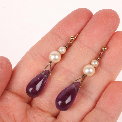 1111 - A pair of 9ct gold amethyst and pearl drop earrings, set with pear drop amethysts suspended from wir... 