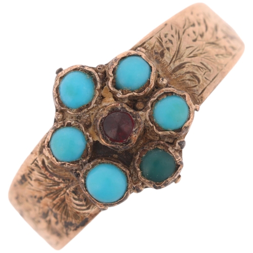 1112 - An Antique Victorian garnet and turquoise forget-me-not sweetheart ring, with foliate engraved shoul... 