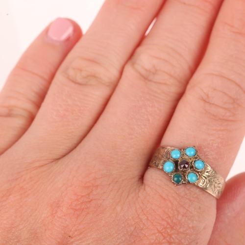 1112 - An Antique Victorian garnet and turquoise forget-me-not sweetheart ring, with foliate engraved shoul... 