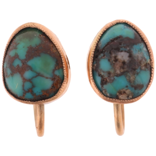 1113 - A pair of Antique 9ct gold turquoise matrix earrings, each collet set with pear cabochon turquoise, ... 