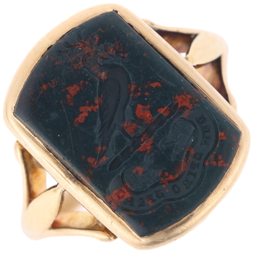 1118 - An 18ct gold bloodstone seal signet ring, intaglio carved, dove with an olive branch emblem and mott... 