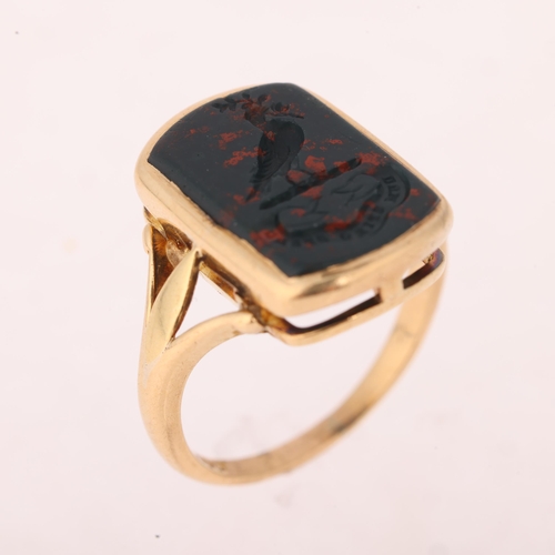 1118 - An 18ct gold bloodstone seal signet ring, intaglio carved, dove with an olive branch emblem and mott... 