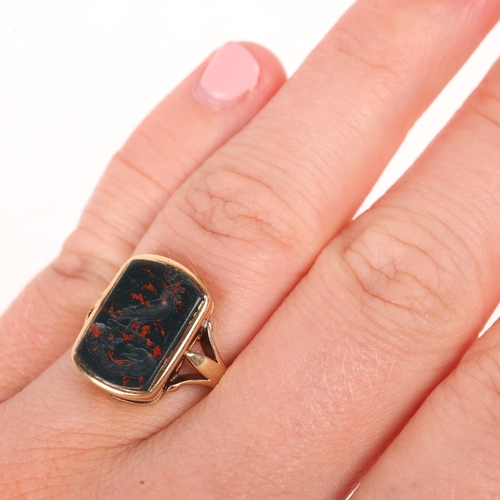 1118 - An 18ct gold bloodstone seal signet ring, intaglio carved, dove with an olive branch emblem and mott... 