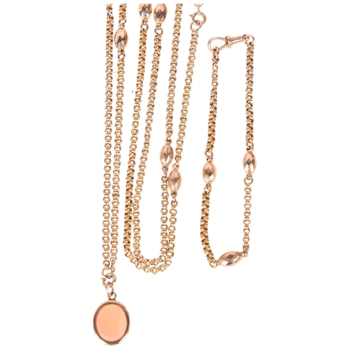 1119 - An Antique 9ct rose gold sautoir necklace and bracelet set, belcher links with pineapple spacer link... 