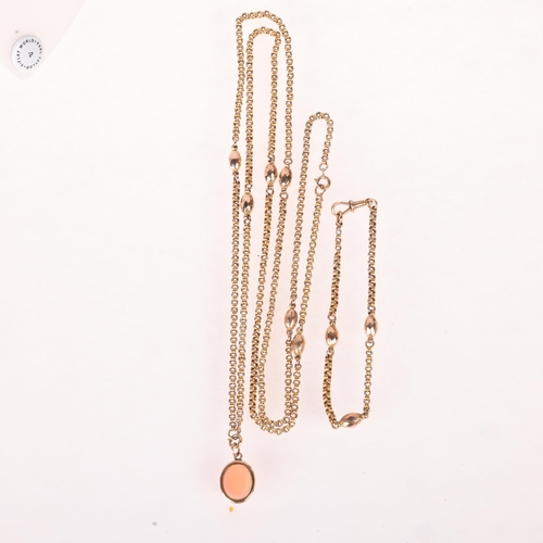 1119 - An Antique 9ct rose gold sautoir necklace and bracelet set, belcher links with pineapple spacer link... 