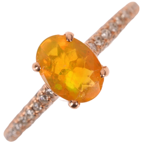 1122 - An 18ct rose gold fire opal and diamond ring, set with 0.4ct oval mixed-cut fire opal, with pave set... 