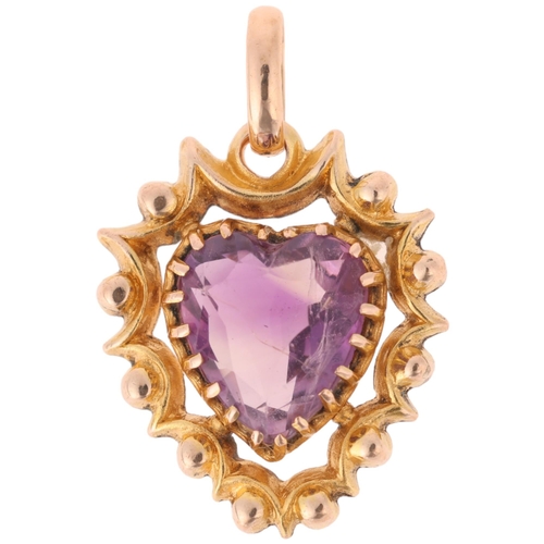 1123 - An Antique 9ct gold amethyst heart pendant, maker JB & Co, set with heart cut amethyst, 21.8mm, 1.2g