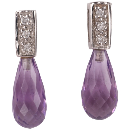 1126 - A pair of 14ct white gold amethyst and diamond stud earrings, set with briolette-cut amethysts and m... 