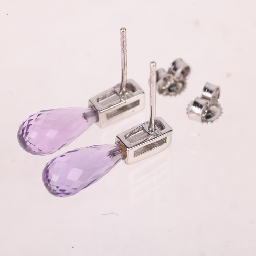 1126 - A pair of 14ct white gold amethyst and diamond stud earrings, set with briolette-cut amethysts and m... 