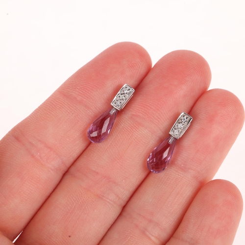 1126 - A pair of 14ct white gold amethyst and diamond stud earrings, set with briolette-cut amethysts and m... 