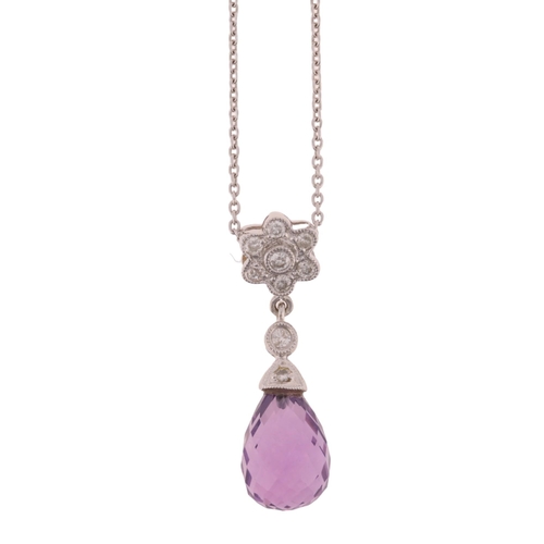 1127 - A 14ct white gold amethyst and diamond drop pendant necklace, set with briolette-cut amethyst suspen... 