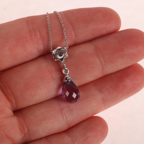 1127 - A 14ct white gold amethyst and diamond drop pendant necklace, set with briolette-cut amethyst suspen... 