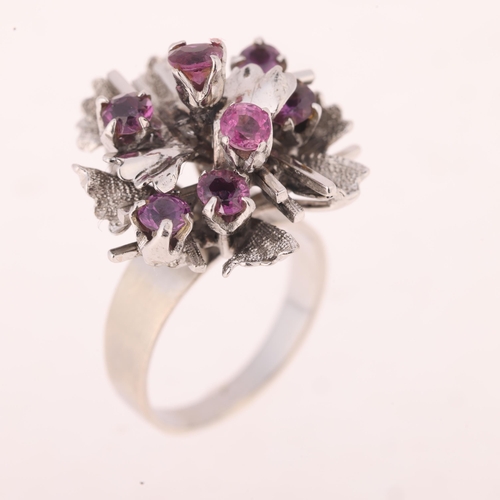 1134 - An 18ct white gold ruby abstract cocktail ring, circa 1960s, setting height 20.5mm, size M, 7g