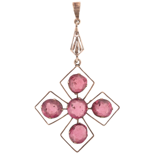 1135 - A Vintage pink tourmaline cruciform openwork drop pendant, set with round and oval mixed-cut pink to... 