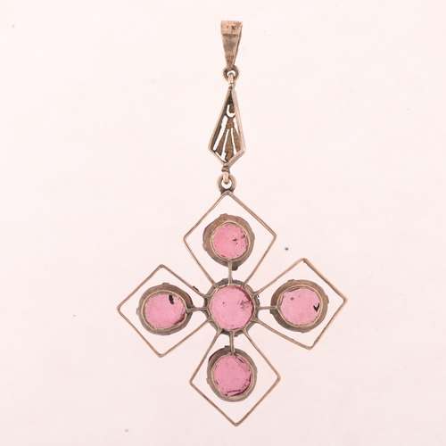 1135 - A Vintage pink tourmaline cruciform openwork drop pendant, set with round and oval mixed-cut pink to... 