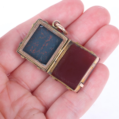 1137 - An Antique 9ct rose gold hardstone double-sided locket pendant, set with bloodstone and carnelian, u... 