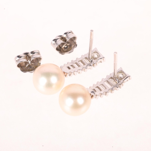 1139 - A pair of 18ct white gold whole pearl and diamond stud earrings, each set with an 8.2mm pearl suspen... 