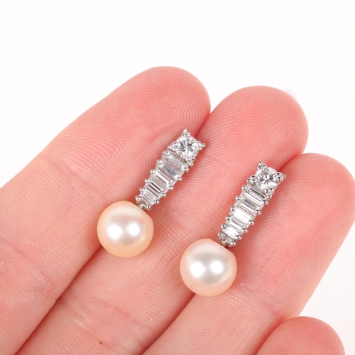 1139 - A pair of 18ct white gold whole pearl and diamond stud earrings, each set with an 8.2mm pearl suspen... 