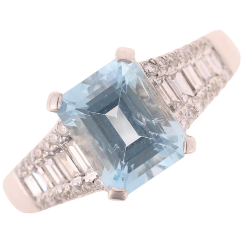 1140 - An Aquamarine and Diamond Ring, set with an octagonal step cut aquamarine of approximately 2.15 cara... 