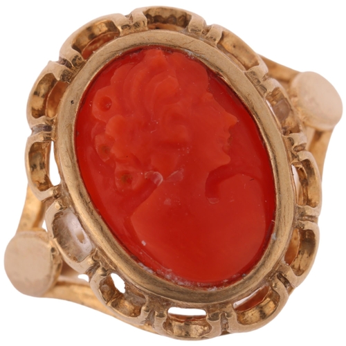 1145 - A 9ct gold coral cameo ring, relief carved depicting female profile, setting height 18mm, size M, 3.... 