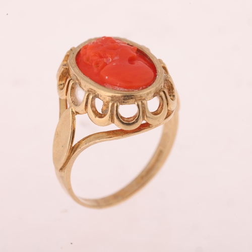 1145 - A 9ct gold coral cameo ring, relief carved depicting female profile, setting height 18mm, size M, 3.... 