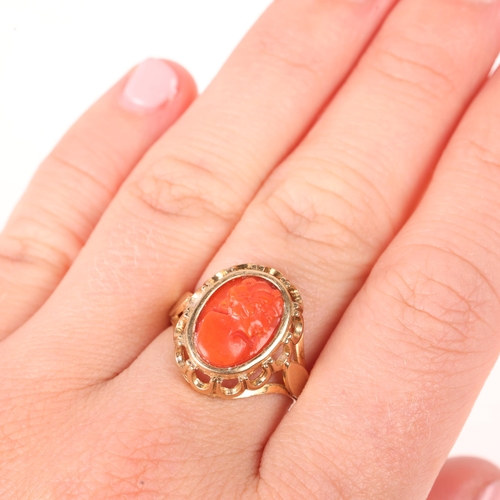 1145 - A 9ct gold coral cameo ring, relief carved depicting female profile, setting height 18mm, size M, 3.... 