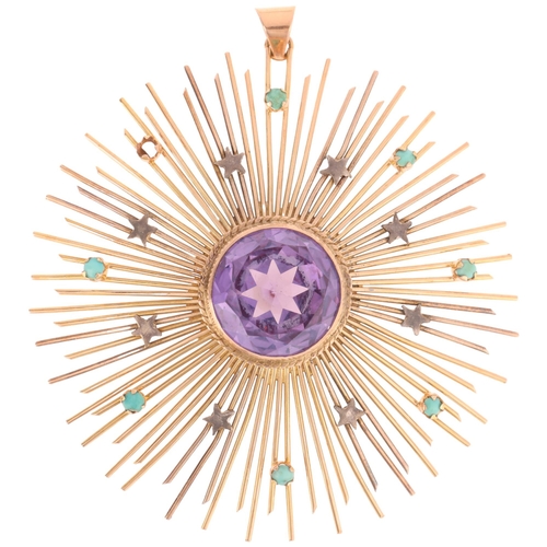 1149 - A large Continental 9ct gold synthetic colour change sapphire and turquoise sunburst pendant, centra... 