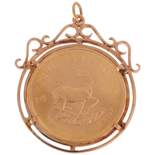 1156 - A 1970 South African one ounce fine gold Krugerrand coin, in 9ct gold pendant mount, 47.8mm, 41.4g