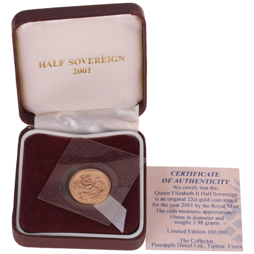 1158 - An Elizabeth II 2001 gold half sovereign coin, sealed and boxed with certificate of authenticity