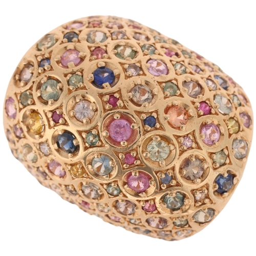 1160 - A large 9ct gold gem set bombe ring, gemstones include peridot sapphire ruby garnet etc, setting hei... 