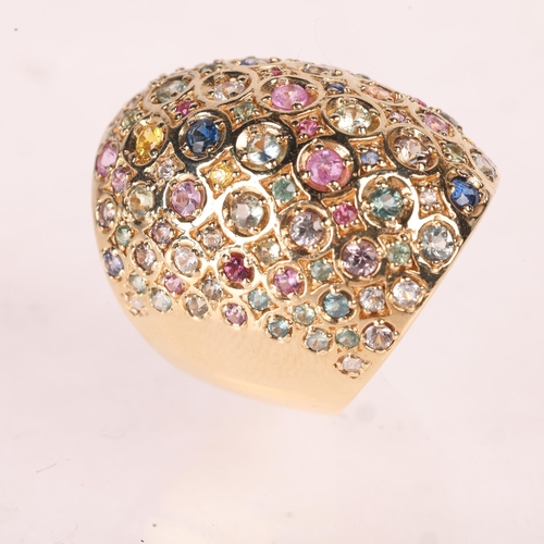 1160 - A large 9ct gold gem set bombe ring, gemstones include peridot sapphire ruby garnet etc, setting hei... 