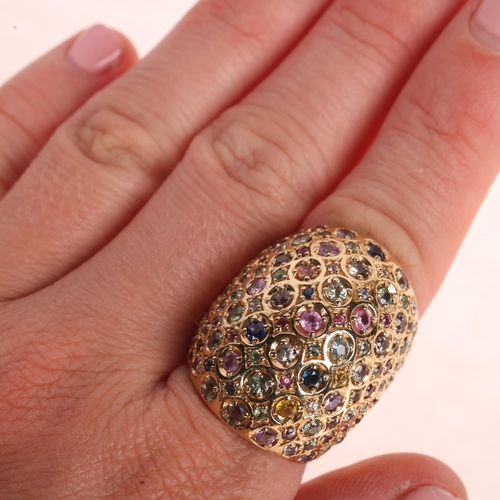 1160 - A large 9ct gold gem set bombe ring, gemstones include peridot sapphire ruby garnet etc, setting hei... 