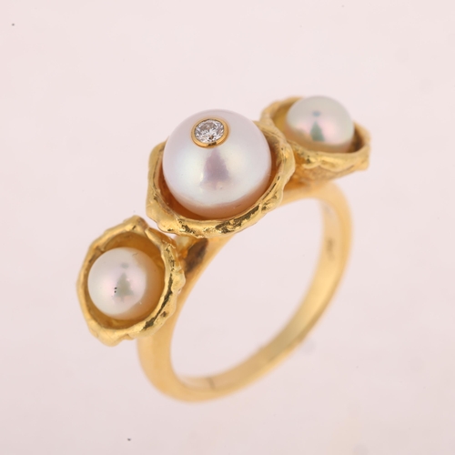 1162 - An 18ct gold three stone whole cultured pearl and diamond dress ring, indistinctly signed Shun?, set... 