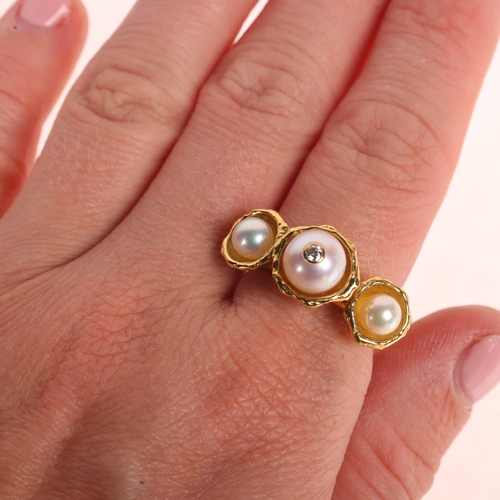 1162 - An 18ct gold three stone whole cultured pearl and diamond dress ring, indistinctly signed Shun?, set... 