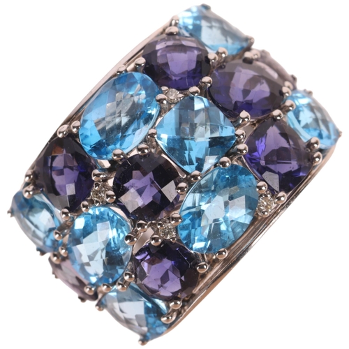 1164 - EFFY - an American 14ct white gold tanzanite blue topaz and diamond band ring, set with oval square ... 