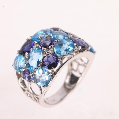 1164 - EFFY - an American 14ct white gold tanzanite blue topaz and diamond band ring, set with oval square ... 