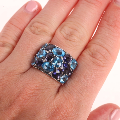 1164 - EFFY - an American 14ct white gold tanzanite blue topaz and diamond band ring, set with oval square ... 