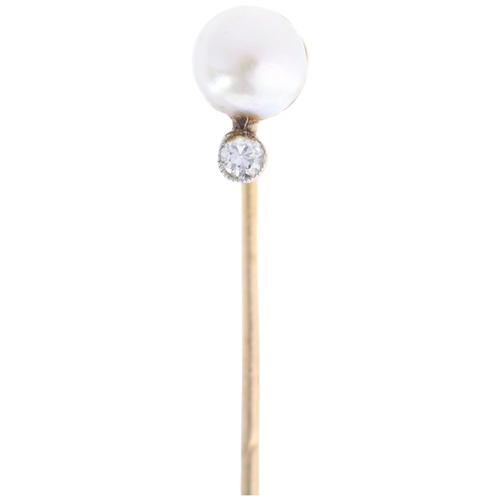 1169 - A 14ct gold whole pearl and diamond stickpin, set with 5.6mm pearl and modern round brilliant-cut di... 