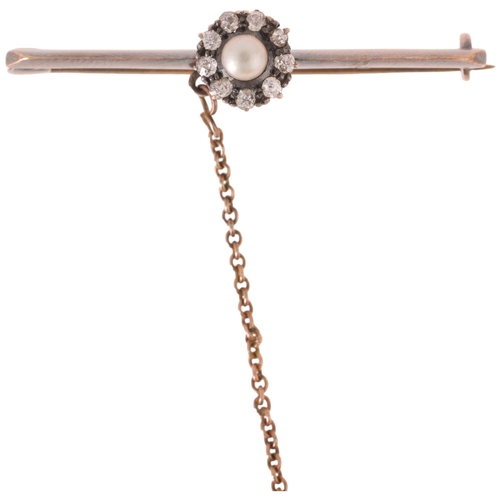 1170 - An Antique 14ct gold pearl and diamond flowerhead cluster bar brooch, set with 3.3mm pearl surrounde... 