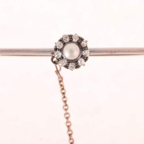 1170 - An Antique 14ct gold pearl and diamond flowerhead cluster bar brooch, set with 3.3mm pearl surrounde... 