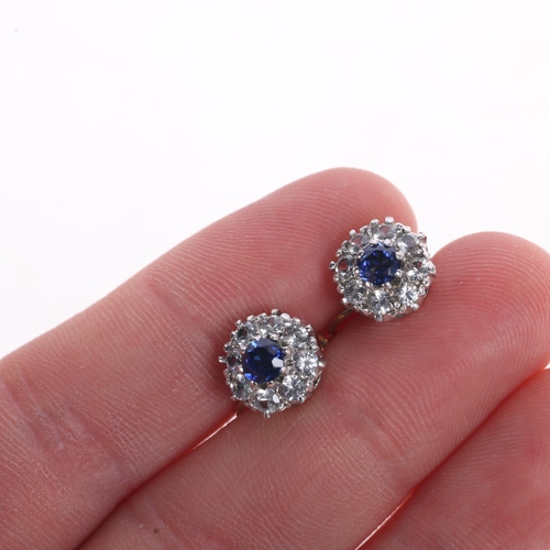 1175 - A pair of 9ct gold blue and white sapphire cluster earrings, with screw-back fittings, 9.8mm, 3.3g