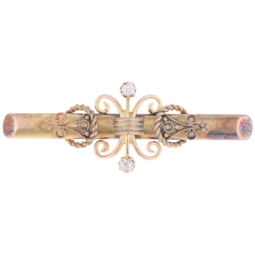 1176 - An Antique Etruscan Revival 15ct gold diamond bar brooch, 42.4mm, 3.8g