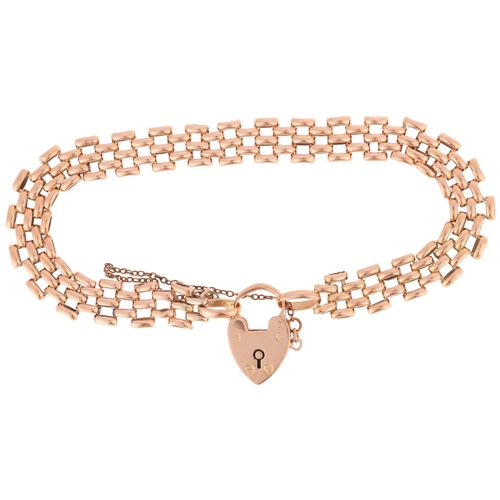 1177 - An Antique 9ct rose gold gatelink bracelet, with 9ct heart padlock clasp, maker DB, Birmingham 1908,... 