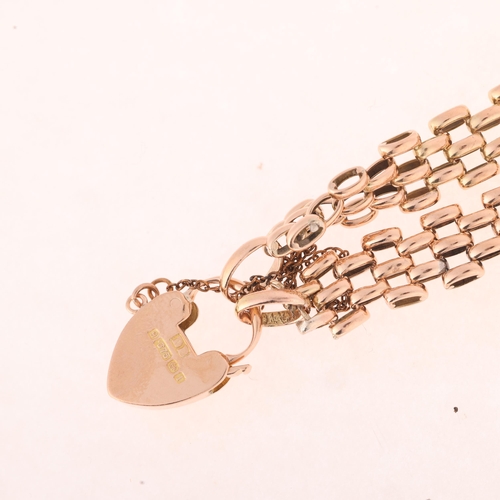 1177 - An Antique 9ct rose gold gatelink bracelet, with 9ct heart padlock clasp, maker DB, Birmingham 1908,... 